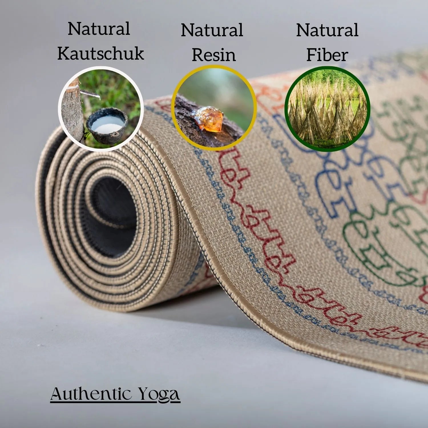 Tanzende Elefanten Yogamatte von Hamsa aus Naturkautschuk und Jute – nachhaltig, rutschfest und umweltfreundlich, perfekt für Ashtanga gewickelt.