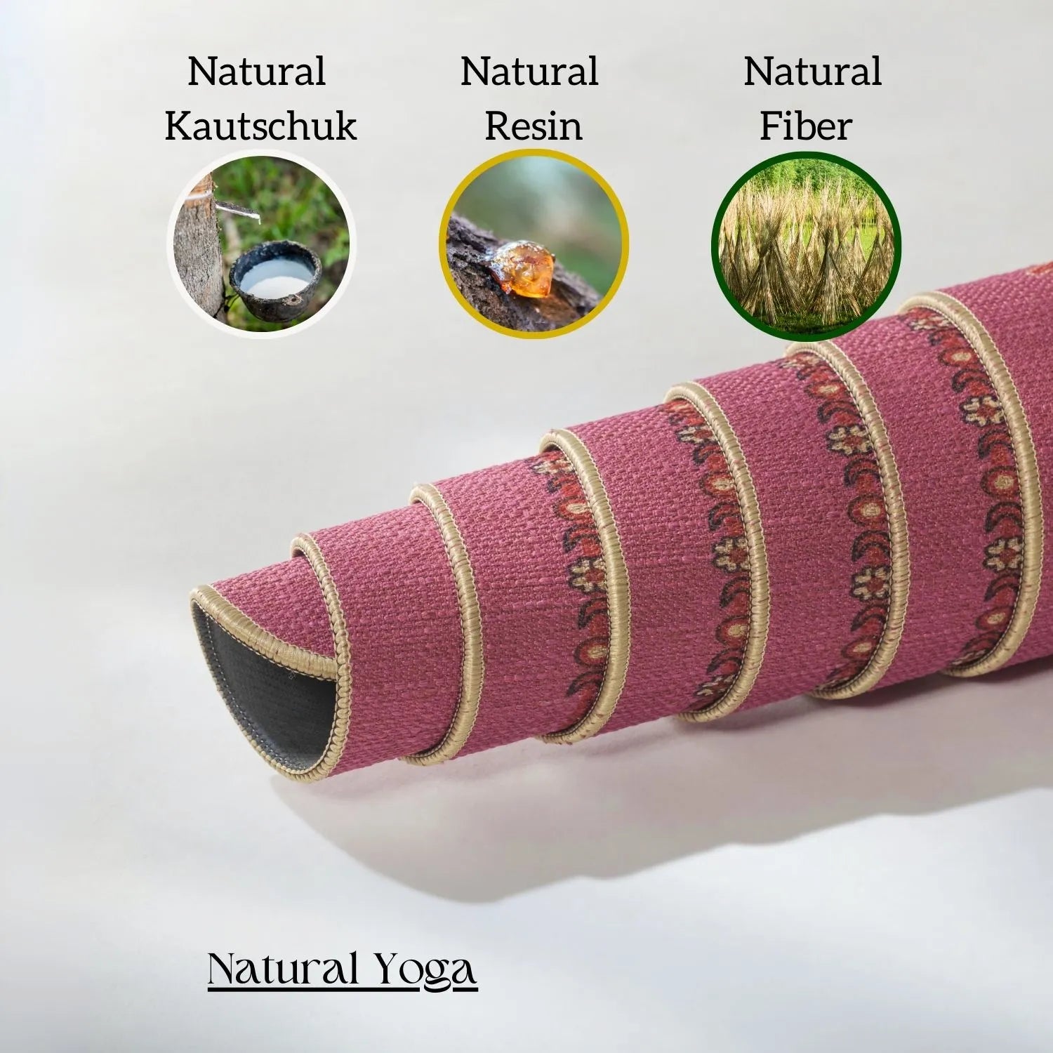 Nachhaltige Lakshmi Lavender Yogamatte von Hamsa Eco-Kollektion – aus Naturkautschuk und Jute, rutschfest, stabil, mit Hamsa- und Lotus-Prägung für innere Ruhe, Spiritualität und Ästhetik.