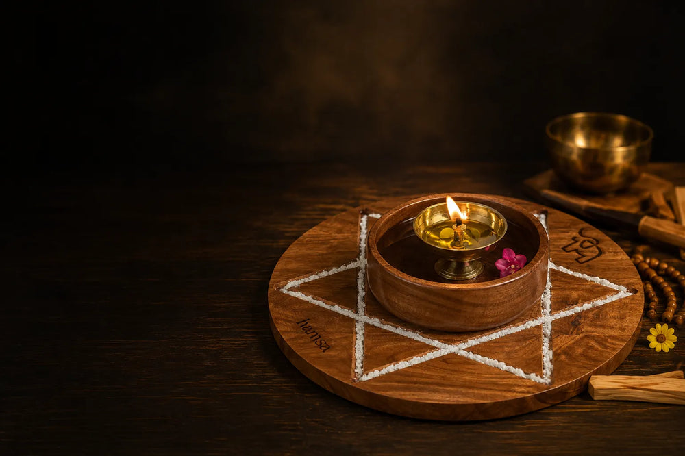 Yoga-Kerze Space Energyfire mit geometrischer Anordnung der fünf Elemente, Holztablett und Messinglampe.