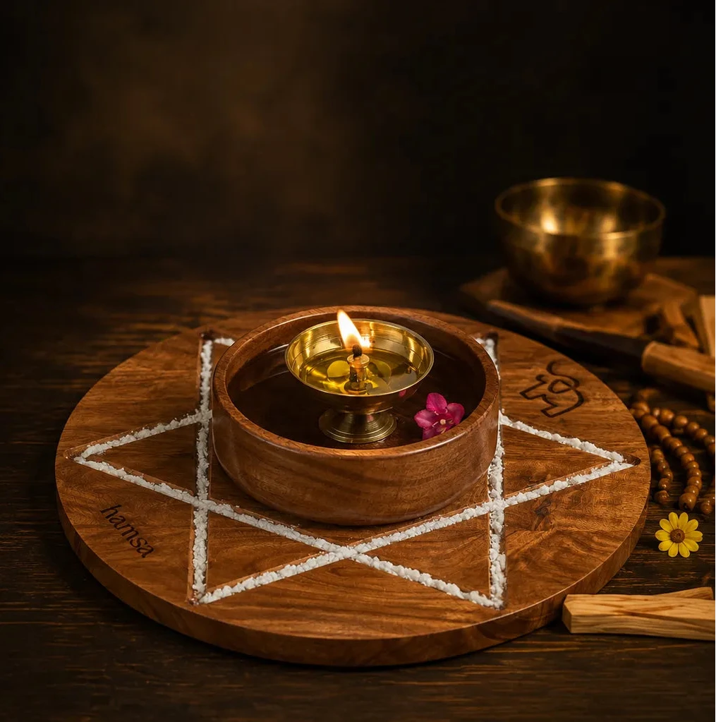 Handgefertigte Puja-Lampe aus Messing auf einem Holztablett für Yoga und Meditation